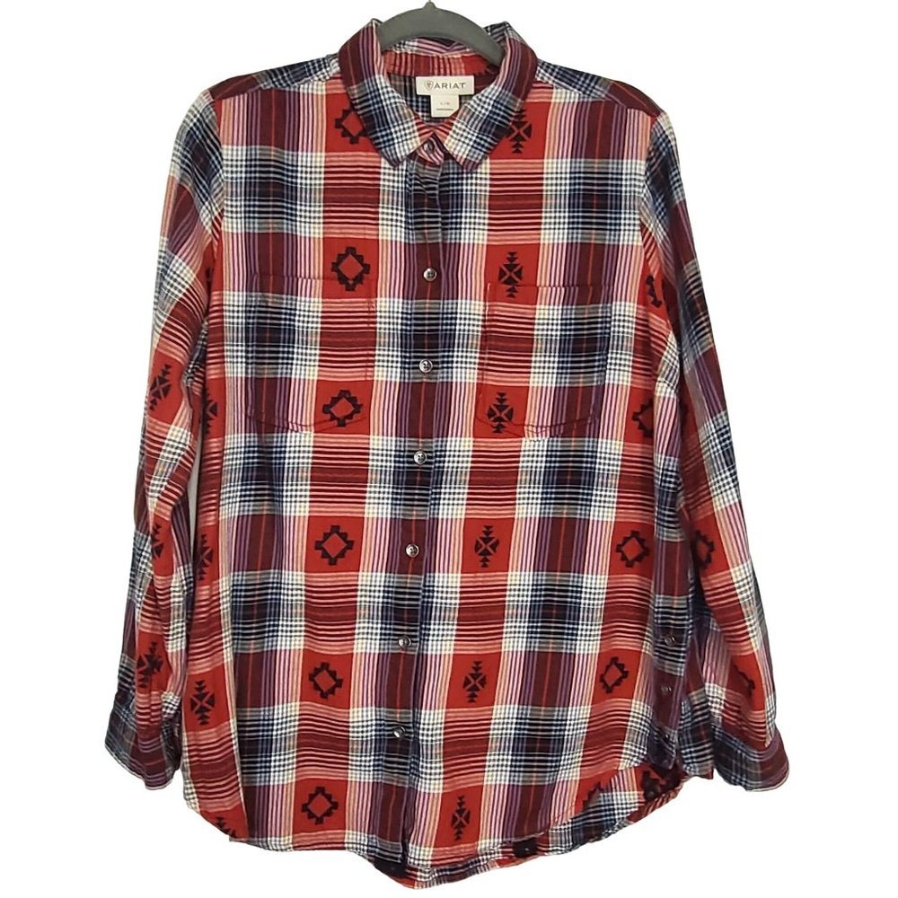 Ariat Womens Red Plaid 100% Cotton Western Long Sleeve Button Down Shirt Sz Lrg